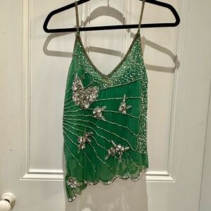 VINTAGE ASYMMETRICAL GREEN SEQUIN MESH TANK TOP